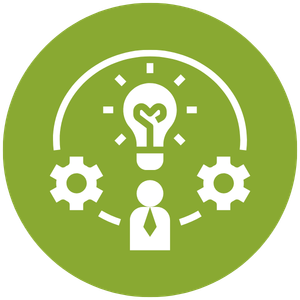Green circular icon with a white lightbulb, a person in a suit, and gear symbols, representing innovation and ideas.