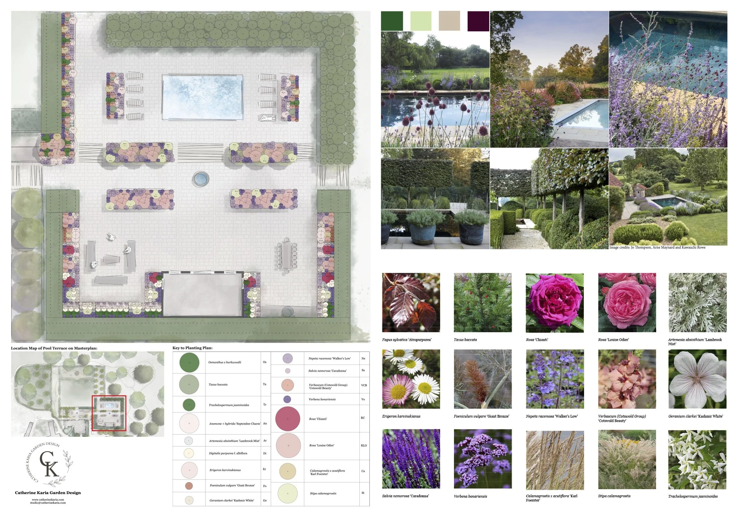A detailed landscape design plan for a pool terrace, including plant placement key and photographs of flowers and landscaped garden areas.