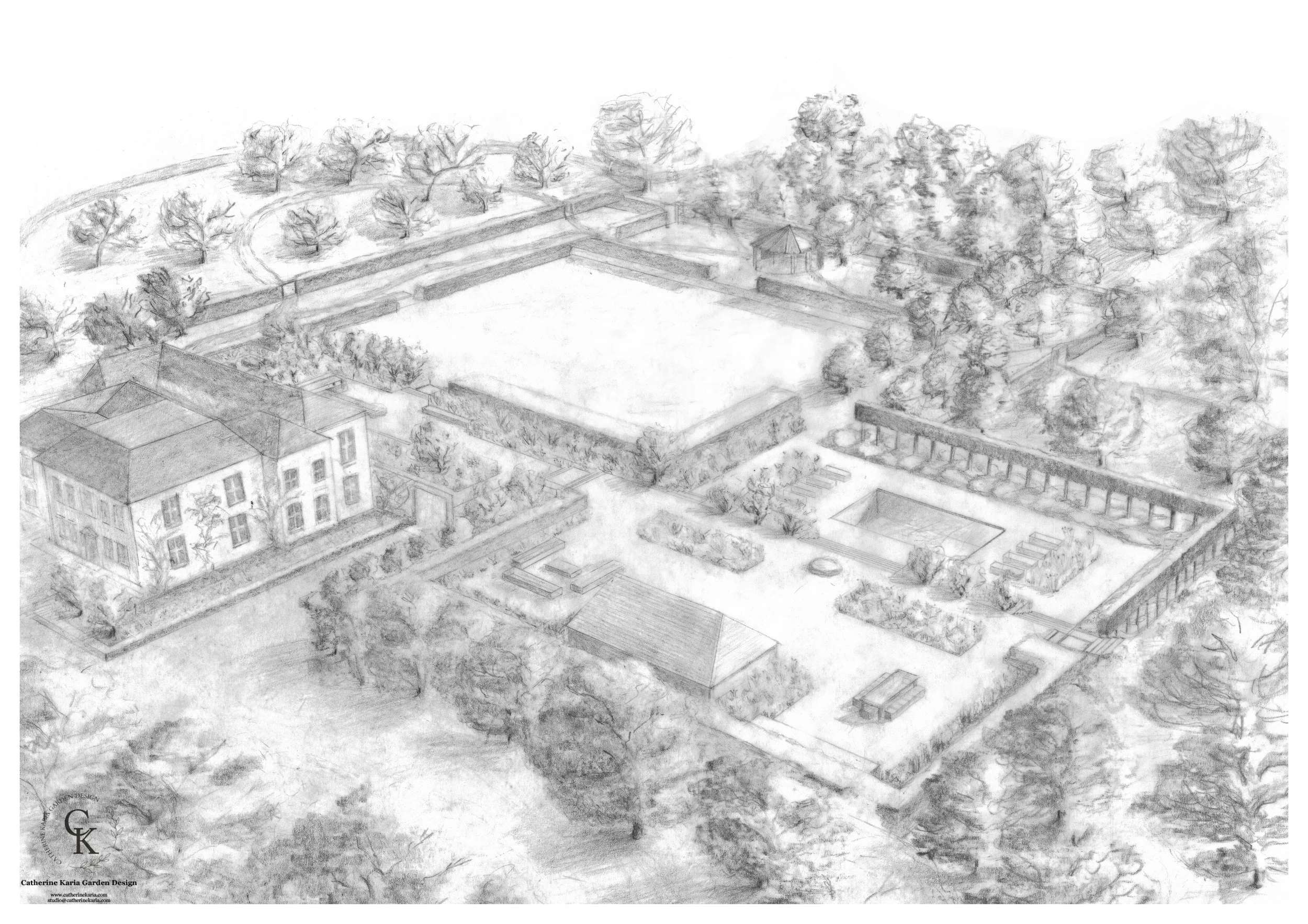 A landscape sketch of a garden design with trees, pathways, a building, and various structures.