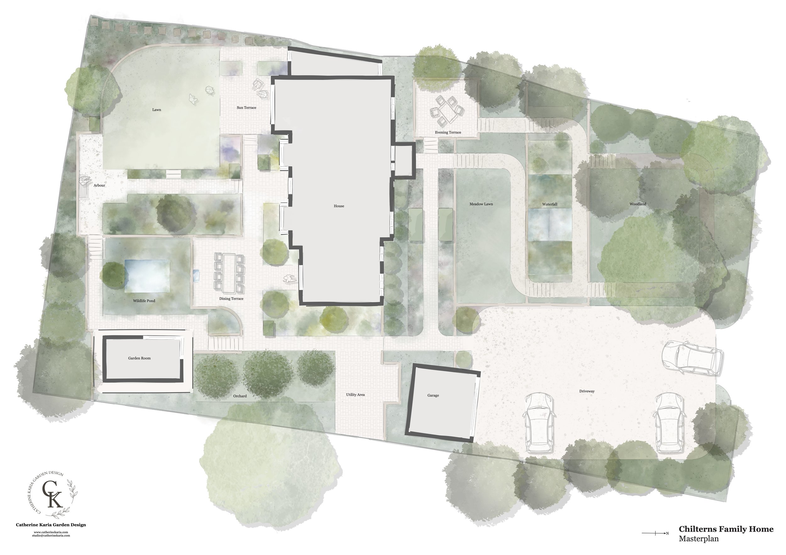 A detailed landscape master plan of a residential property, including green lawns, patios, trees, a pond, a waterfall, a children's play area, a garden room, orchard, utility area, garage, driveway, and parking spaces.