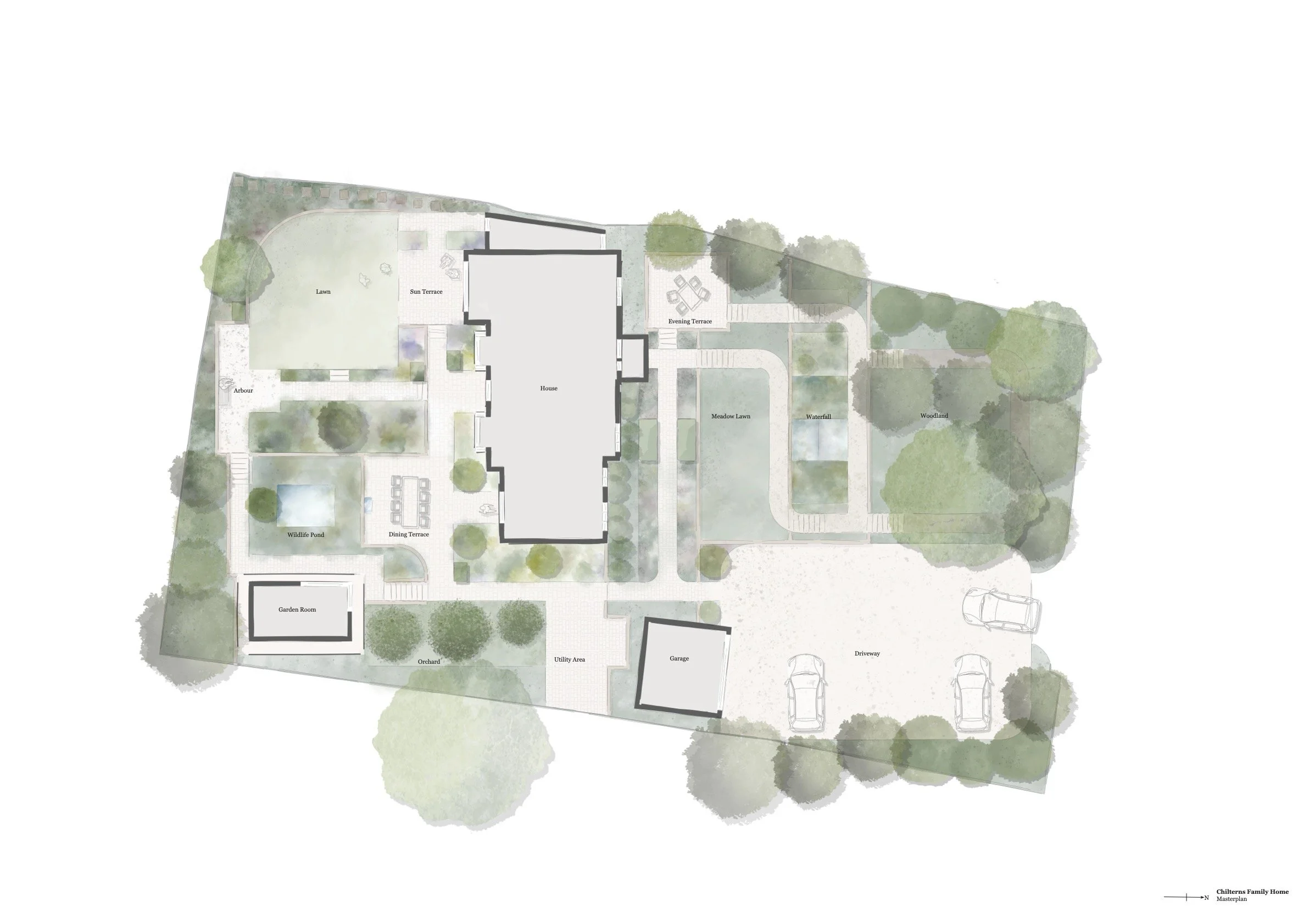 A detailed architectural landscape plan of a family home, showing various outdoor areas such as a lawn, sun terrace, evening terrace, wild animal pond, garden room, orchard, utility area, and garage with driveways and parking spaces, surrounded by trees and greenery.