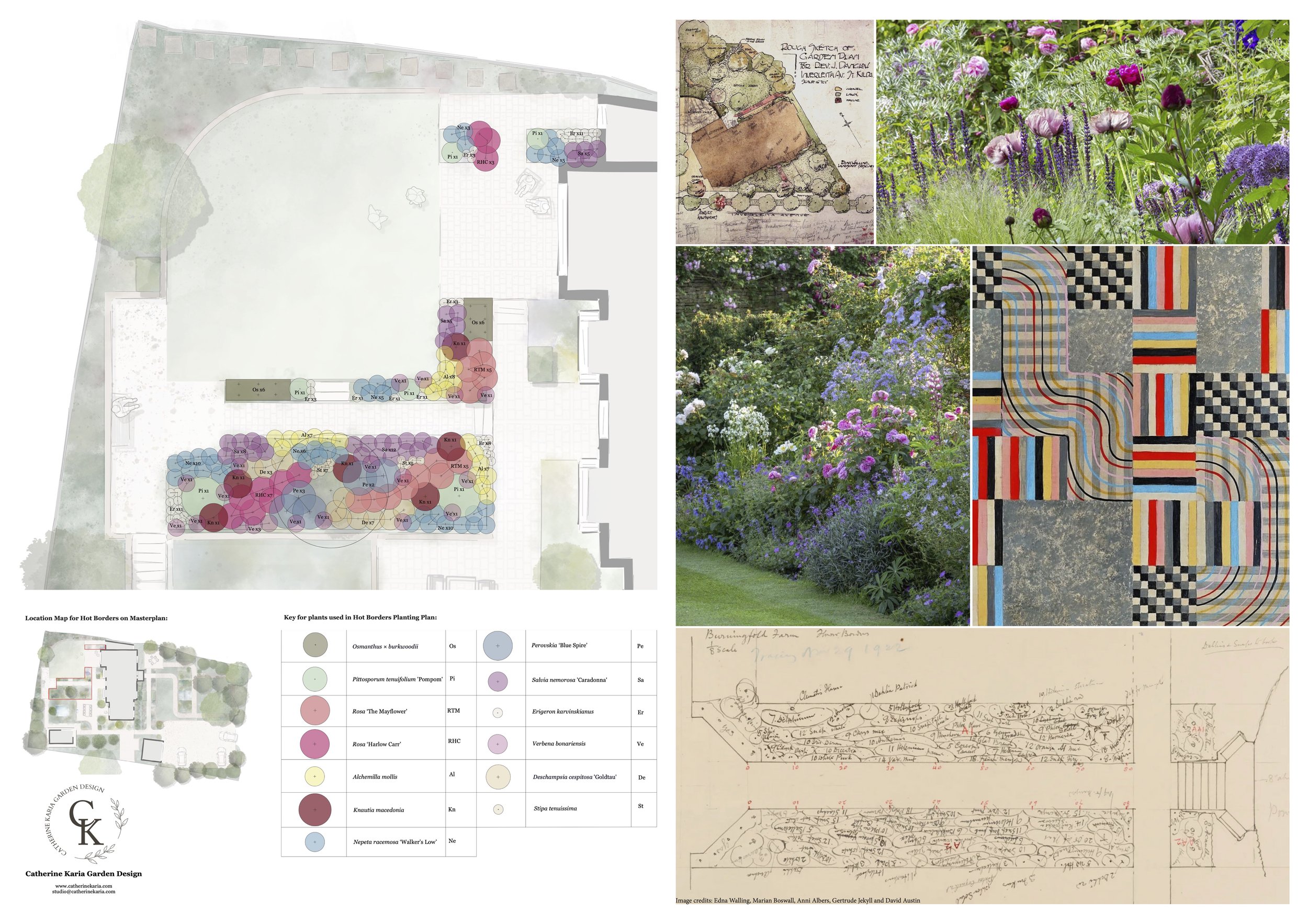 A collage of garden design plans, sketches, and photographs showing landscape layout, planting schemes, and floral arrangements with colorful flowers and geometric patterns.