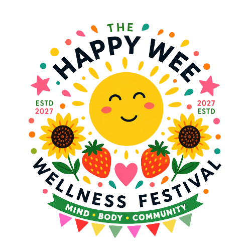 Colorful illustration for Wellbeing Festival featuring a smiling sun, strawberries, sunflowers, and a pink heart, with text celebrating Happy We Wellness Festival, 2027.