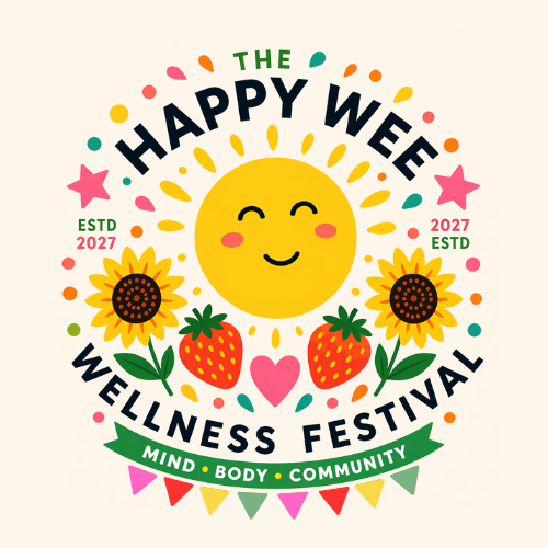 A cheerful graphic for the Happy Wee Wellness Festival featuring a smiling sun with rays, strawberries, sunflowers, hearts, and colorful decorative elements, emphasizing wellness, mind, body, and community.