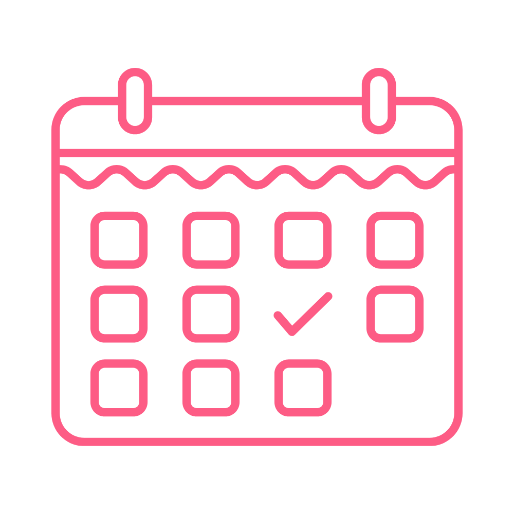 Pink neon icon of a calendar with a checkmark on one date, indicating scheduled or completed event.