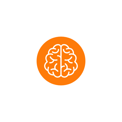 Icon of a human brain inside an orange circle on a black background.
