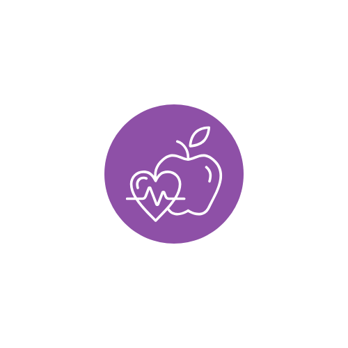 Icon of an apple with a heart and heartbeat line inside it, on a purple background.
