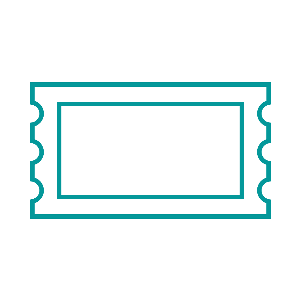 Digital illustration of a ticket with a dollar sign, indicating a ticket for purchase or entry, in teal on a black background.