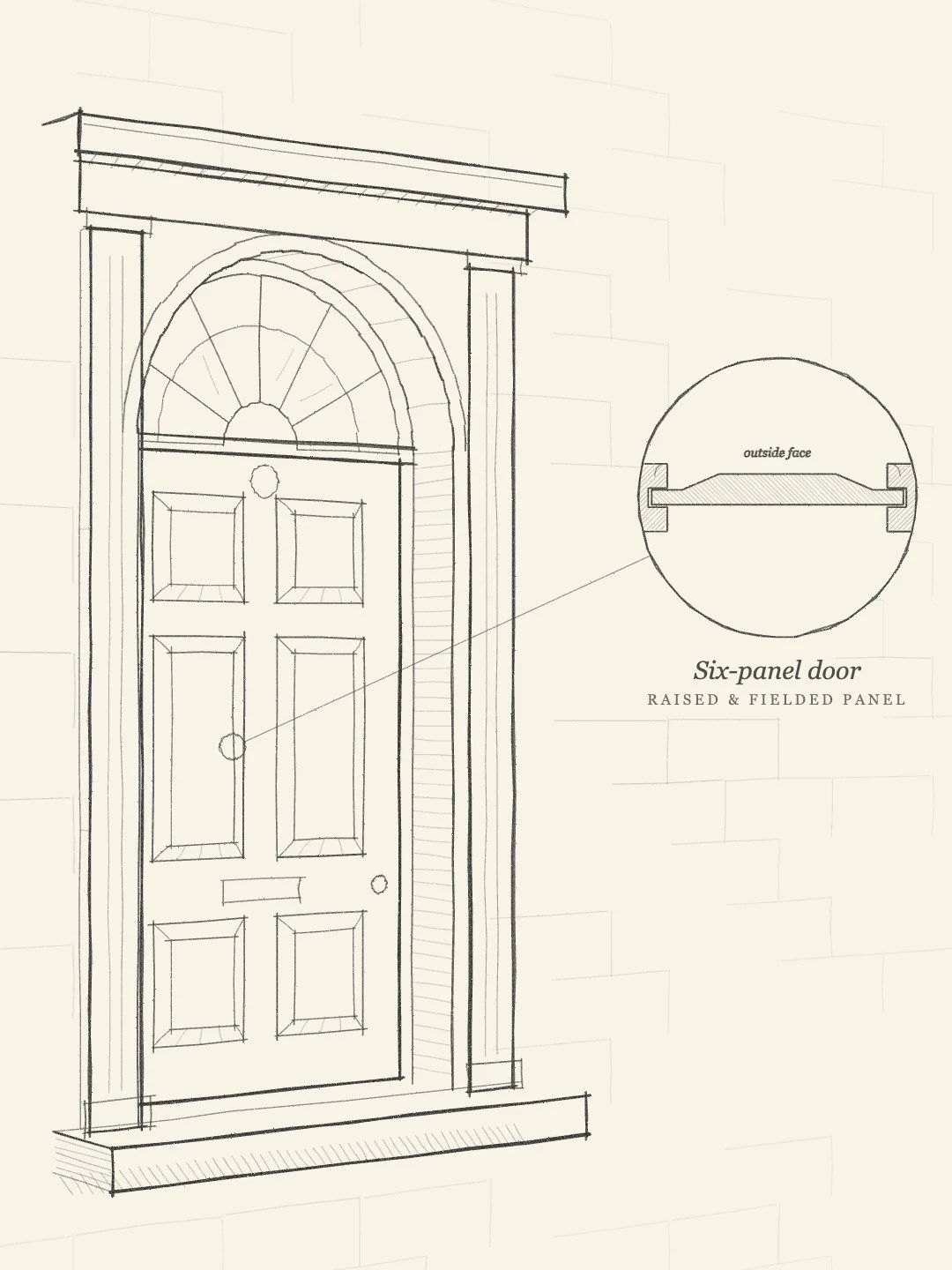Pencil sketch of a Georgian six-panel front door with a fanlight and a raised and fielded panel detail