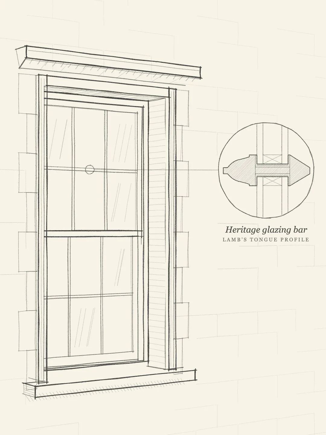 Pencil sketch of a Georgian timber sash window with a lamb's tongue heritage glazing bar detail