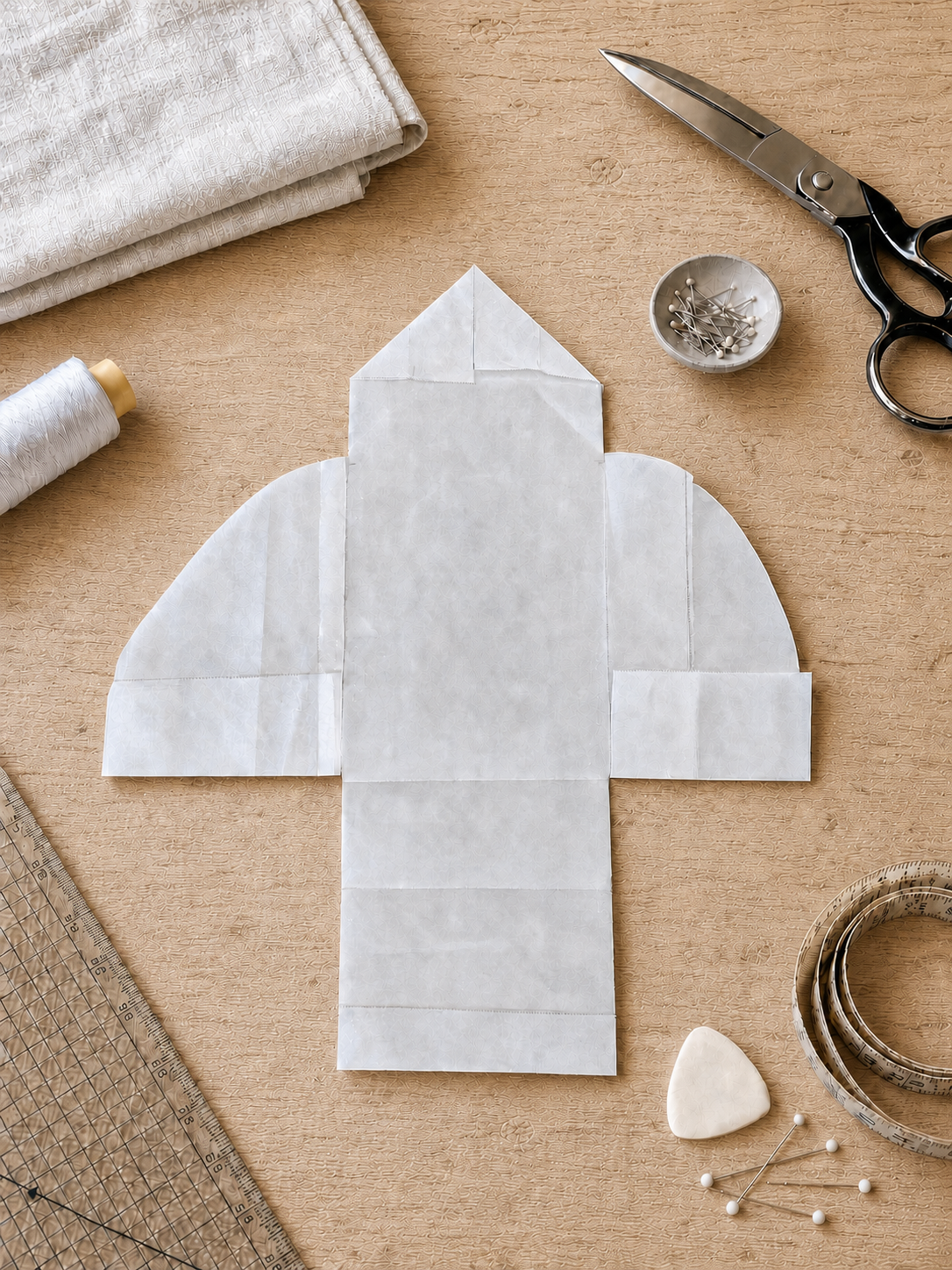 Papier de soie blanc pour confectionner une robe ou un costume, entouré de fil, ciseaux, épingles, règle en bois, pierre blanche, ruban à mesurer et certains tissus, sur une surface en bois.