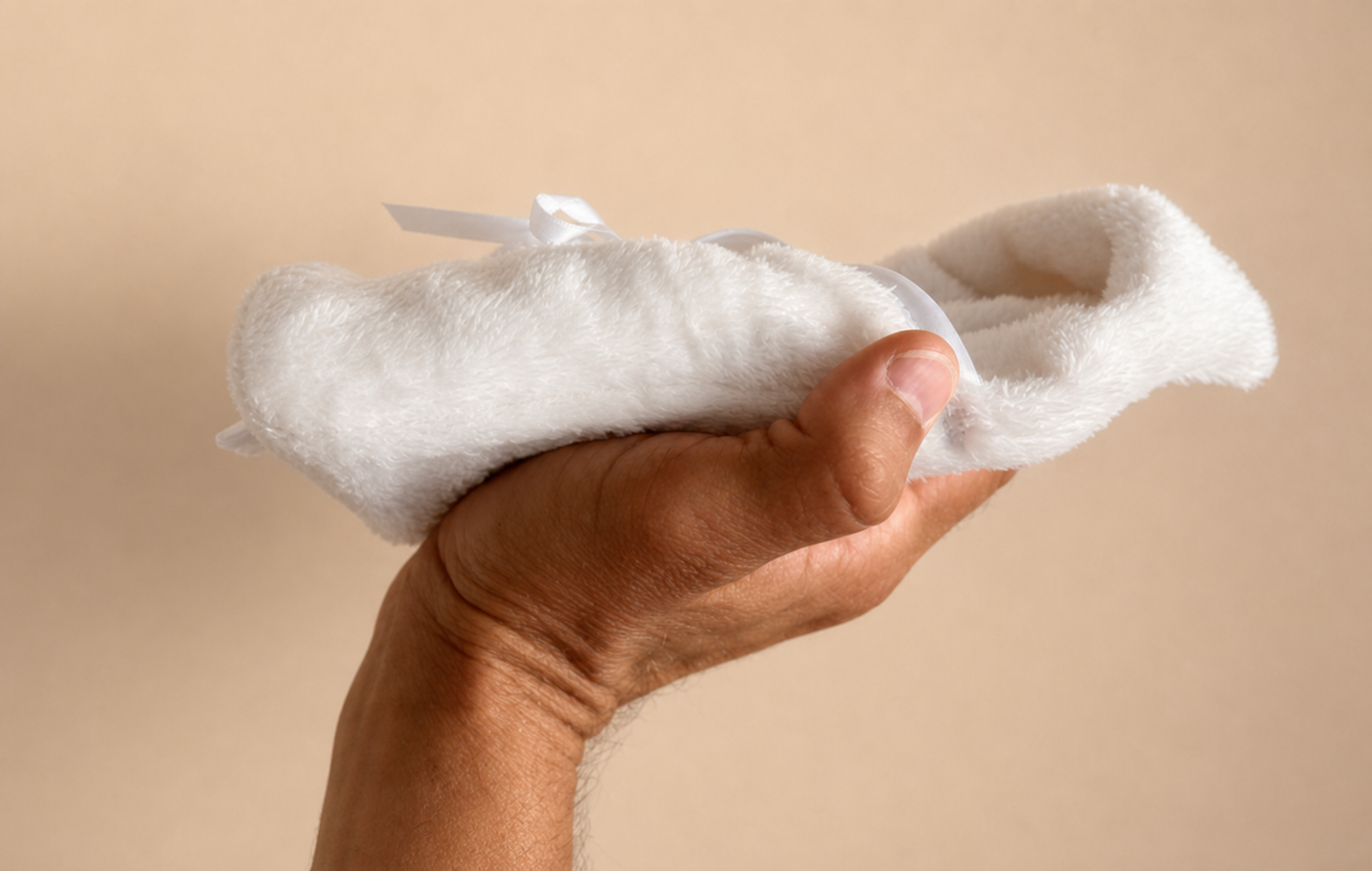 Main tenant une petite serviette blanche en peluche avec un ruban blanc dessus, contre un fond beige.