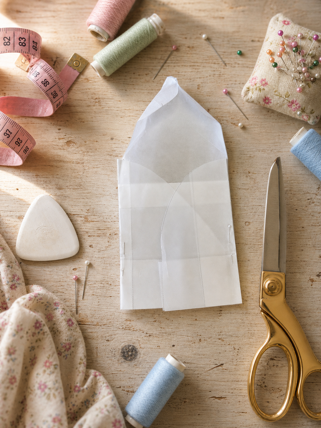 Matériel de couture sur une table en bois, comprenant des bobines de fil, des épingles à tête colorée, une enveloppe, un cutter à lame dorée, du tissu à fleurs, un mètre ruban, et des accessoires pour réparation ou création de vêtements.