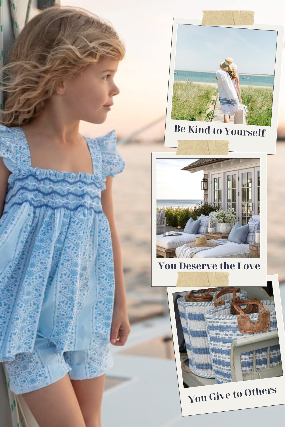 A soft coastal lifestyle collage featuring a young girl sea with windblown curls and warm natural sunlight