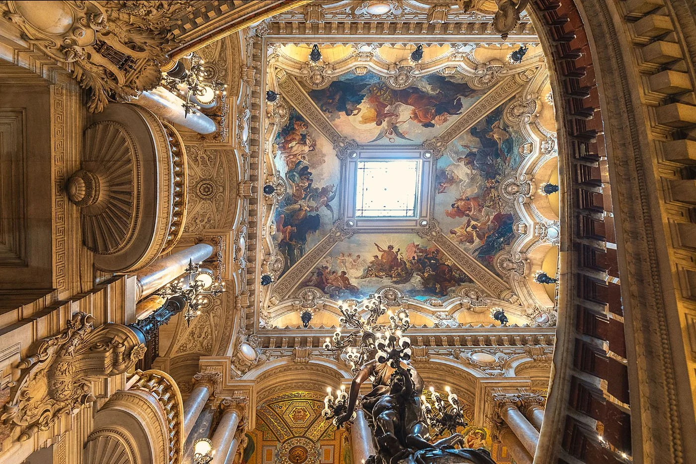 Ornate ceiling fresco with gold architectural details in Paris, fine art architecture photography print by Hermès Gray, limited edition