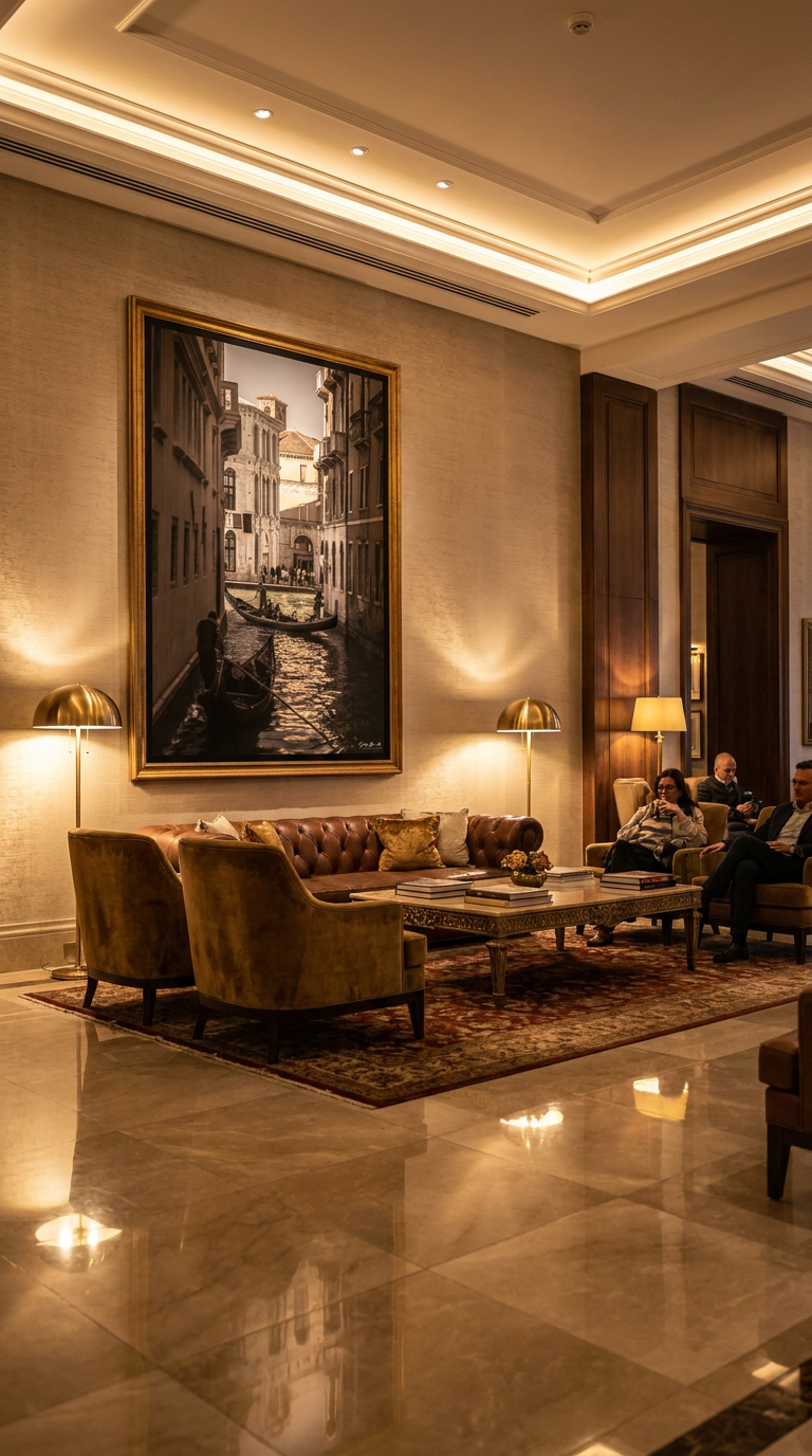 Venice canal fine art photography print by Hermès Gray, framed and displayed in a luxurious hotel lounge, limited edition