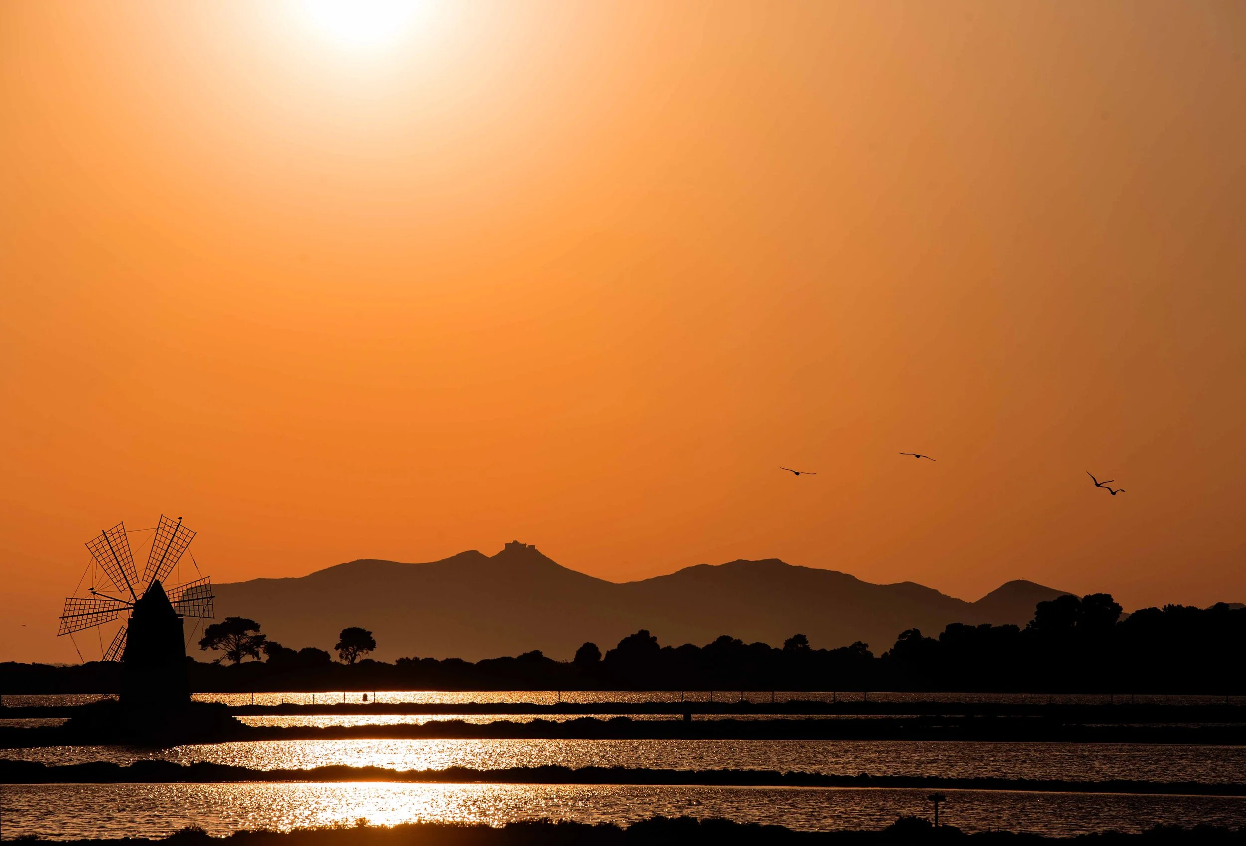 Sicilian salt flats at sunset with silhouetted windmill and birds over water reflection — fine art landscape photography print by Hermes Gray, limited edition
