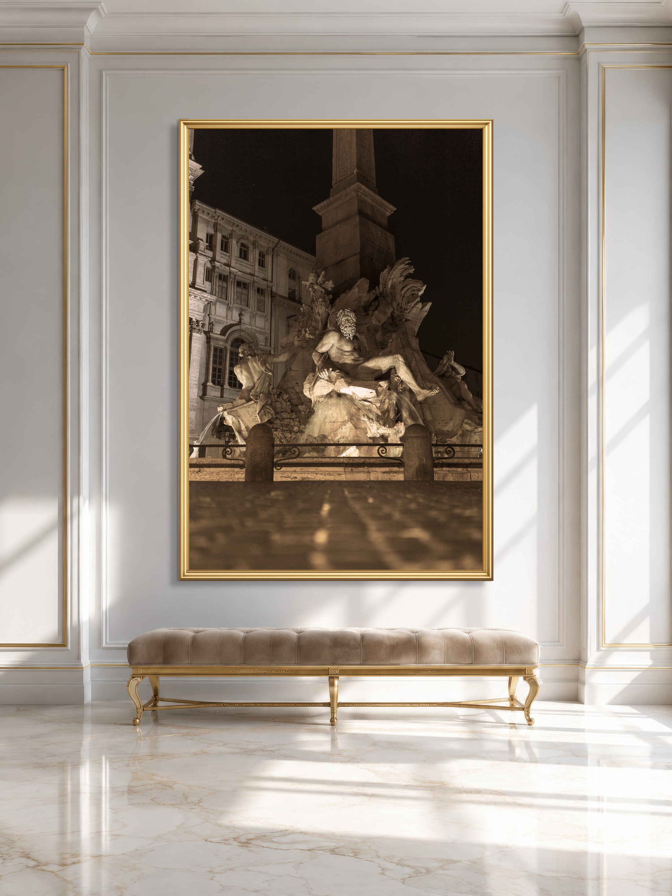 Nighttime marble fountain with classical statues, fine art architecture photography print by Hermès Gray, displayed in an elegant interior, limited edition