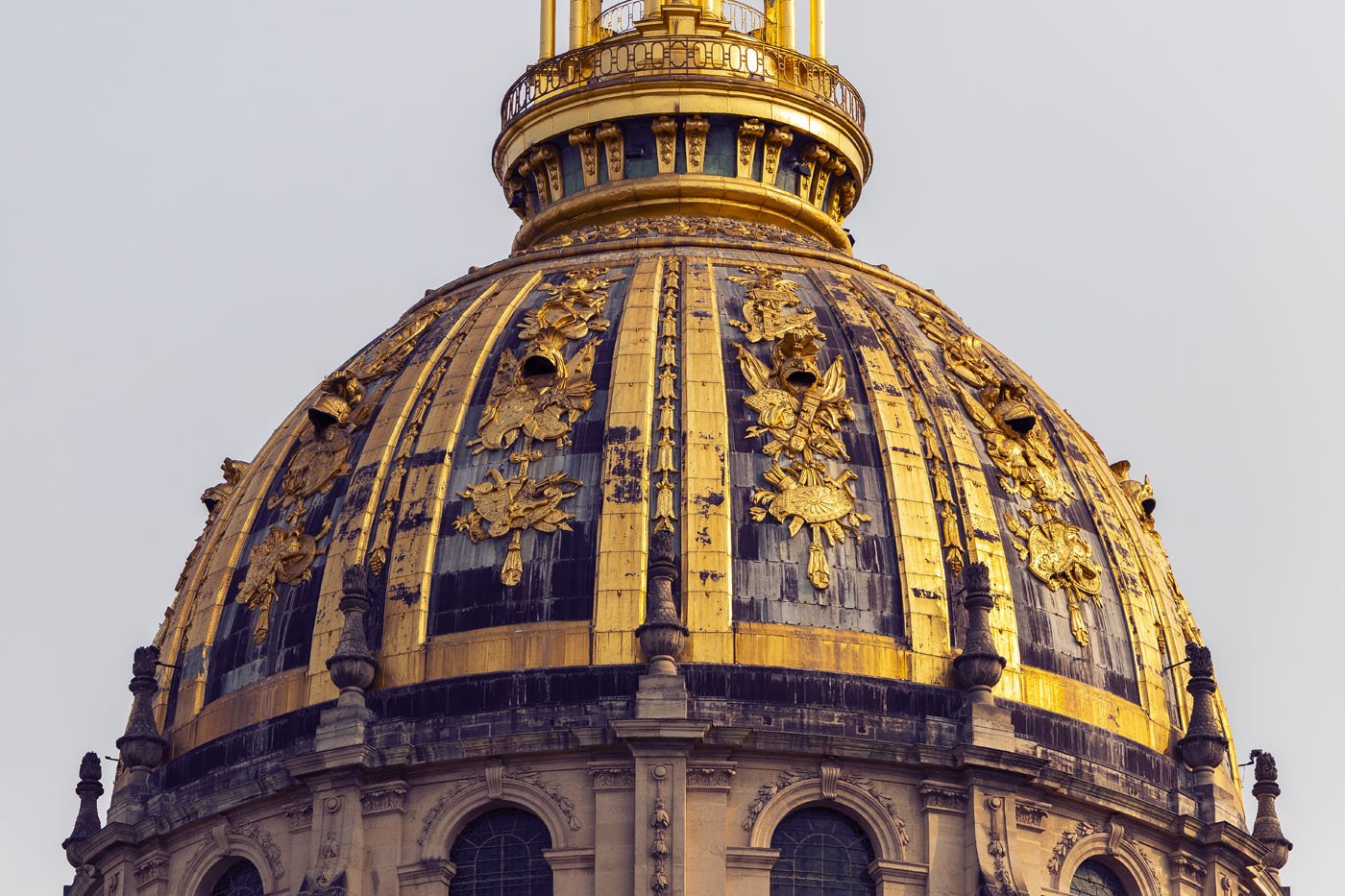 Golden dome detail on a historic Paris building, fine art architecture photography print by Hermès Gray, limited edition