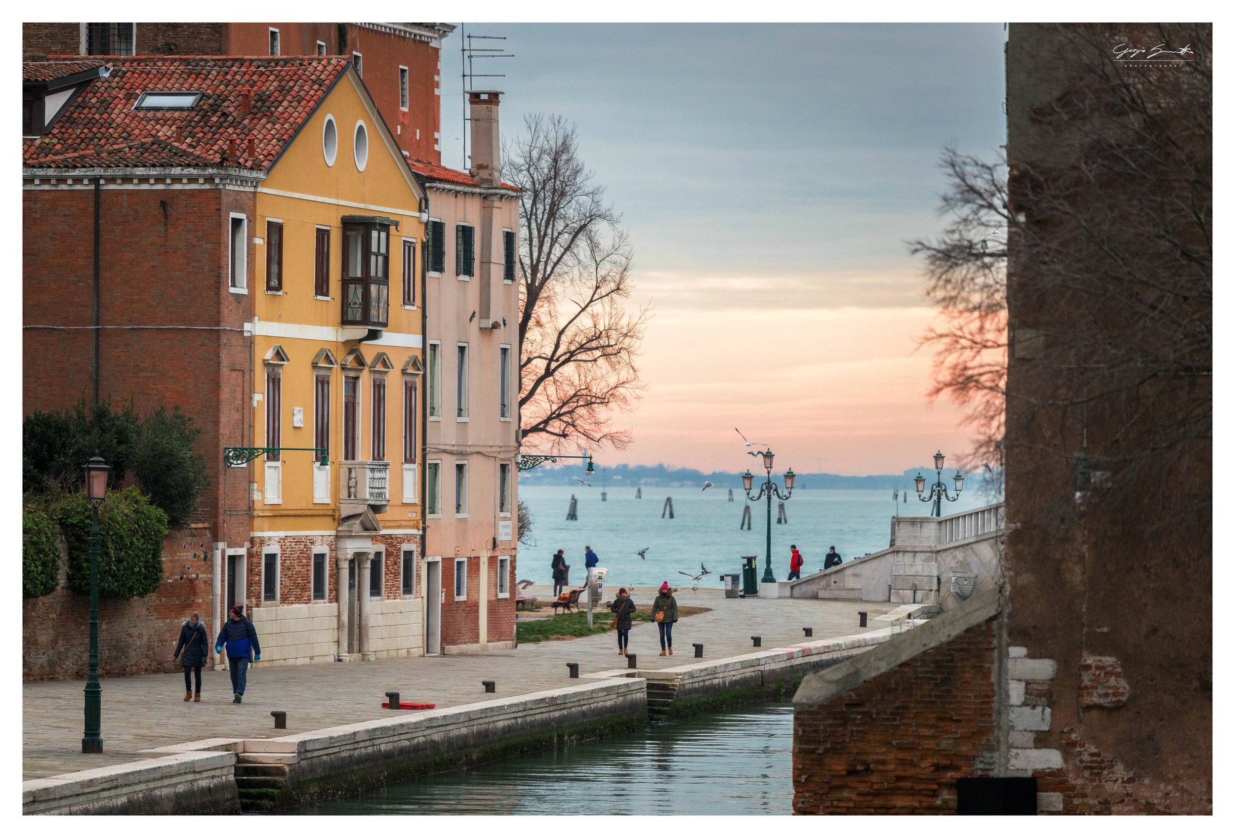 Venice waterfront at dusk with colorful historic buildings and boats — fine art architecture photography print by Hermes Gray, limited edition