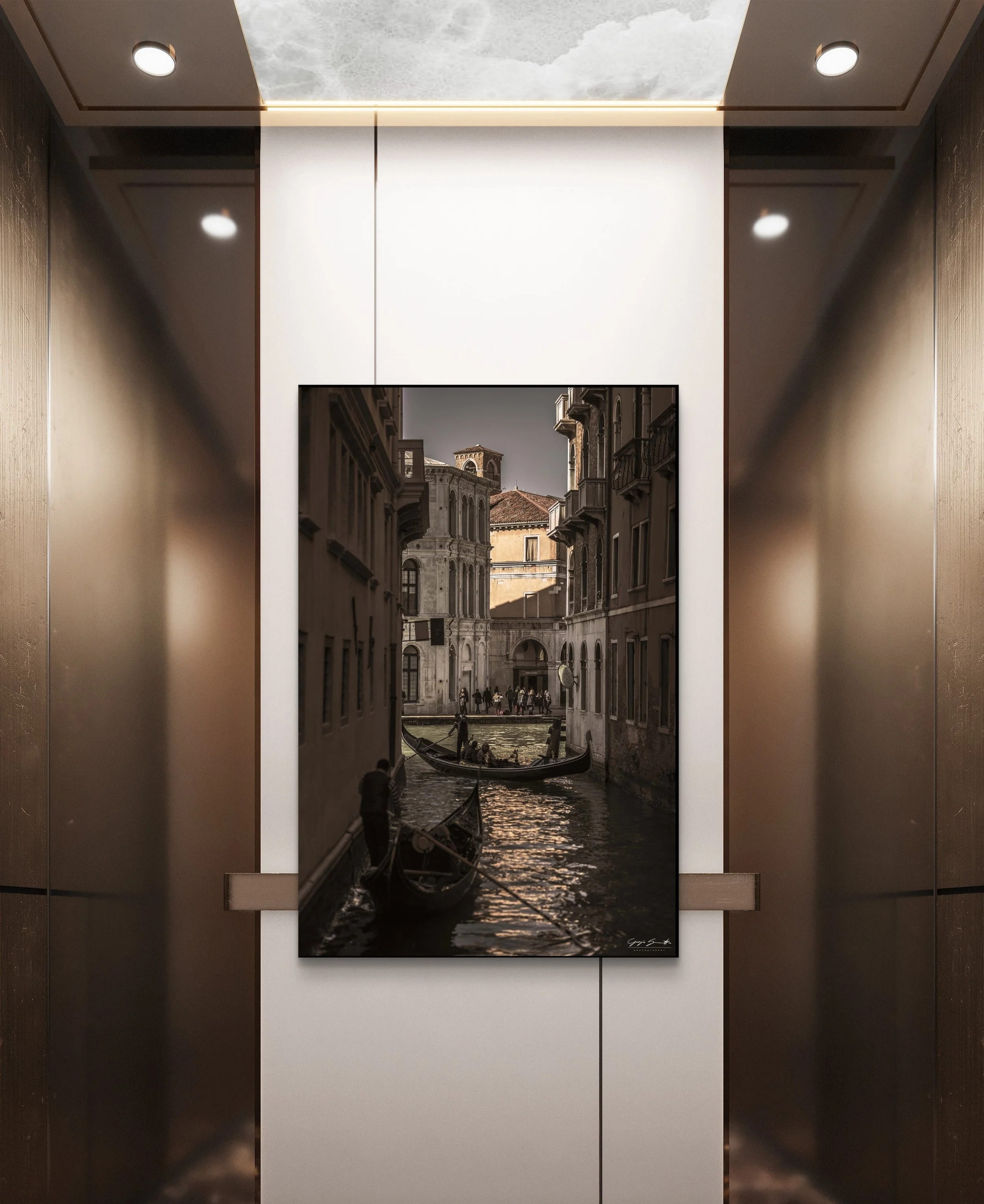 Venice canal scene framed fine art photography print by Hermès Gray, displayed in a gallery interior with dark wood paneling, limited edition