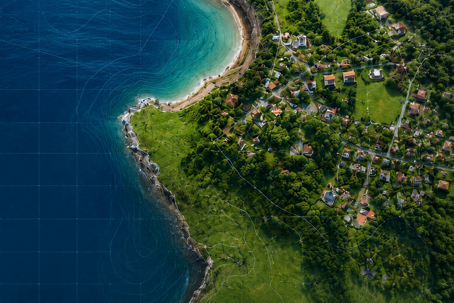Vista aérea de una costa con agua azul, playa y un área de vegetación con casas y caminos