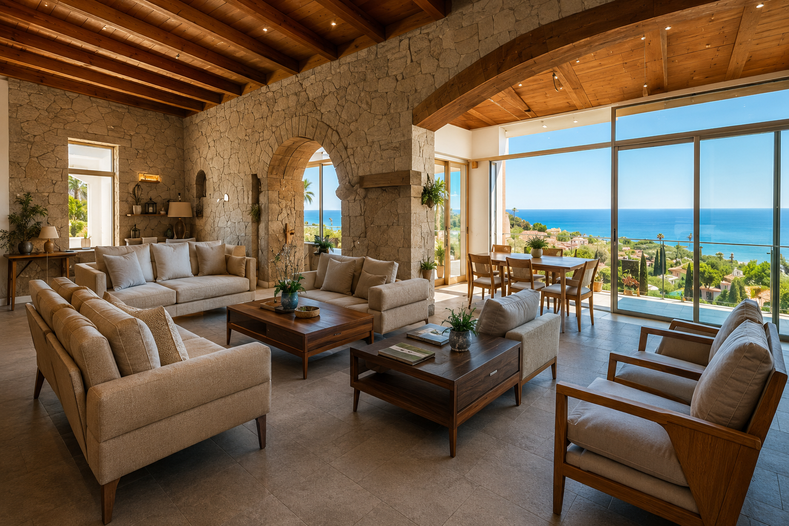 Sala de estar con ventanales grandes con vista al mar, muebles de tela beige y madera, paredes de piedra, techo de madera expuesta y decoración con plantas y lámparas.