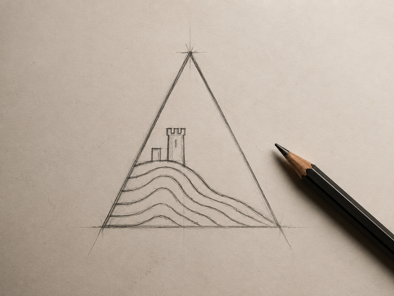 Boceto a lápiz de un logotipo con una torre, líneas onduladas y un triángulo con una estrella en la punta, en papel beige con lápiz a la derecha.