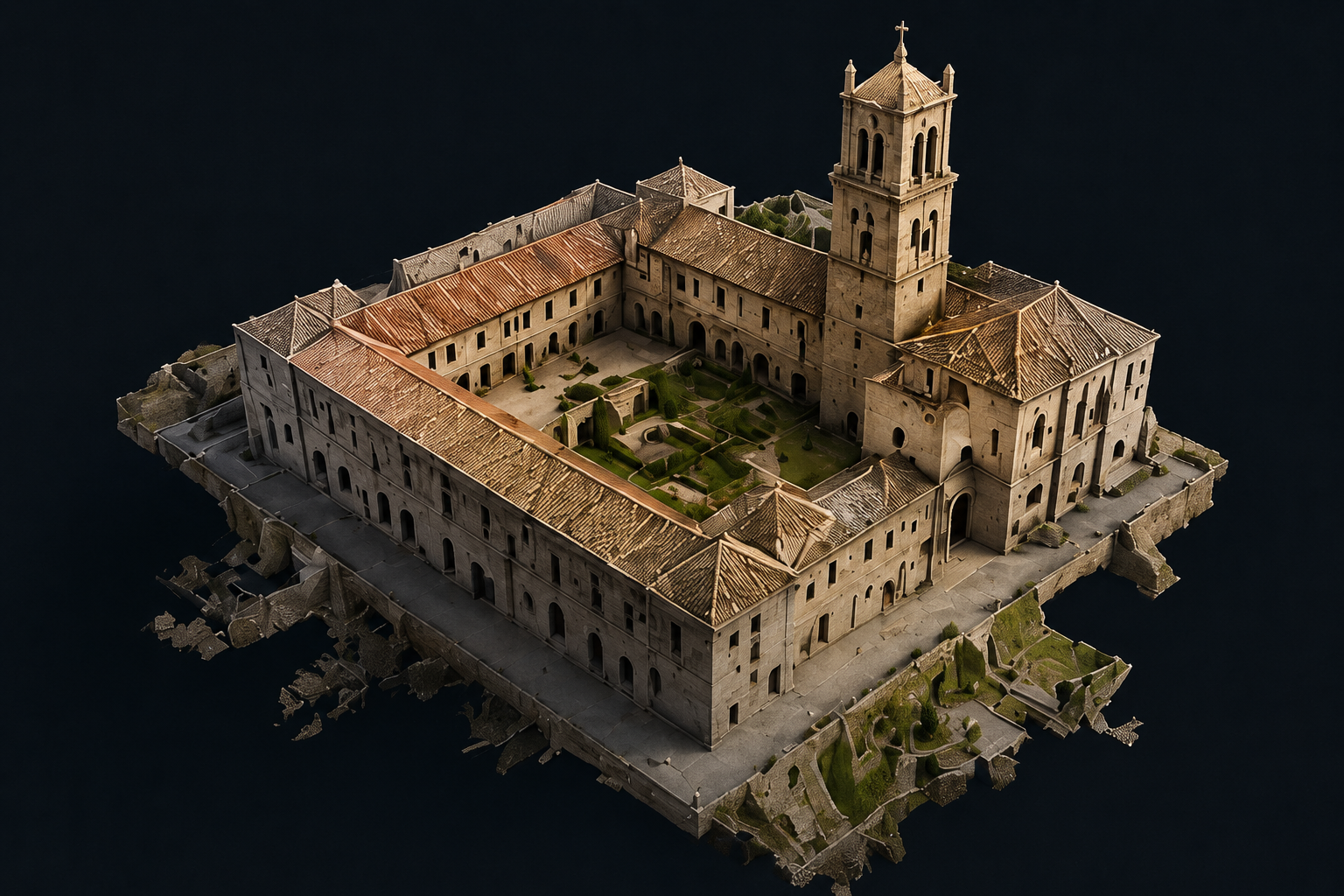 Modelo 3D de un monasterio medieval con muros de piedra, campanario y jardines en el centro, en un fondo negro.