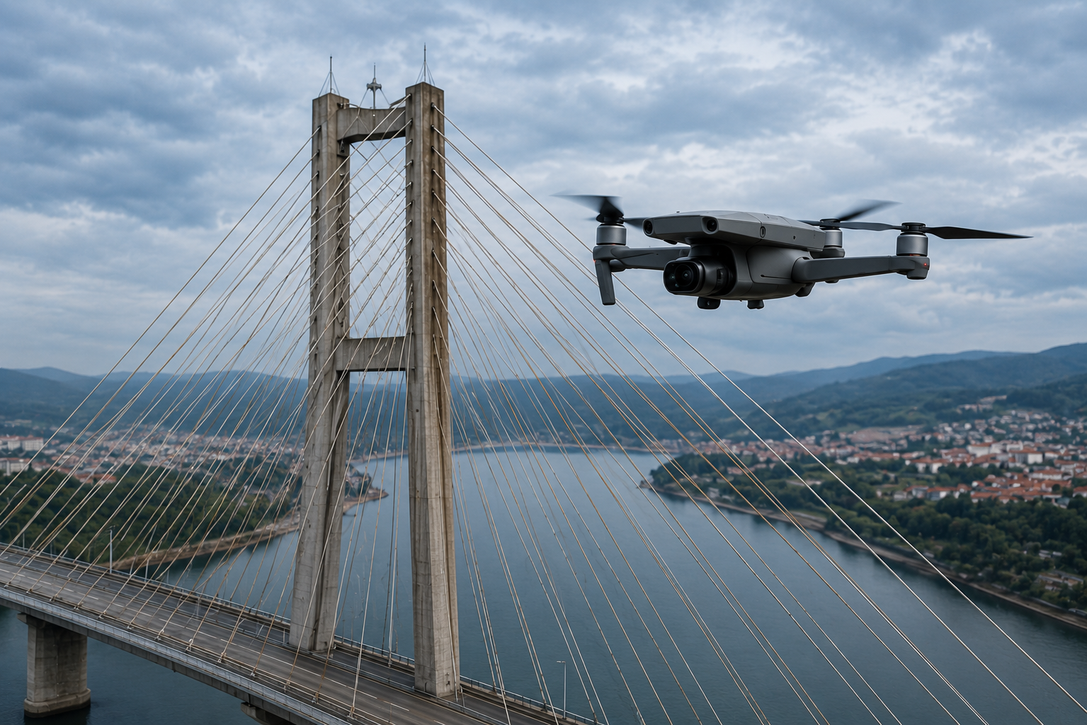 Un dron sobrevuela un puente colgante con río y montañas al fondo.