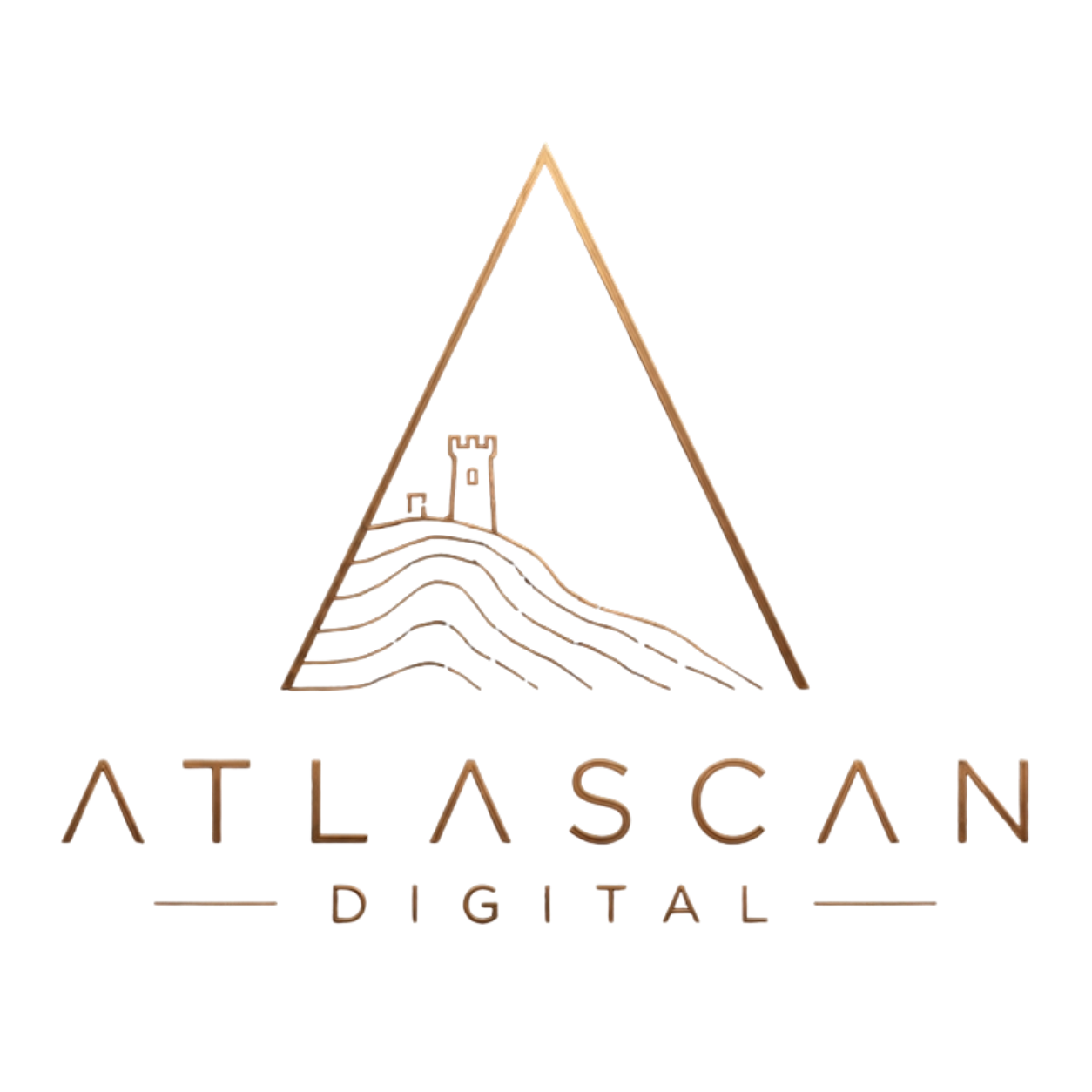 Logotipo de ATLASCAN Pittal en forma de triángulo con una montaña y un castillo en la parte inferior, con líneas que representan un paisaje. Texto debajo que dice 'ATLASCAN PITAL'.