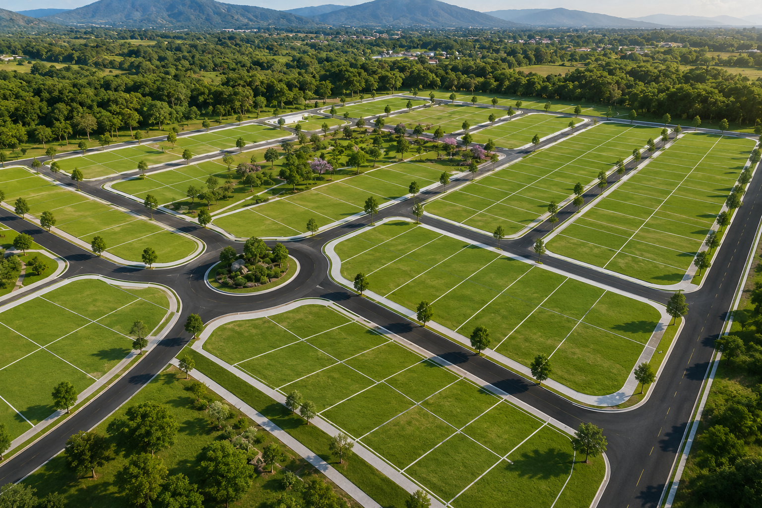 Vista aérea de un complejo de lotes vacíos para construcción con calles pavimentadas, arboles plantados a lo largo de las calles y áreas verdes en un entorno natural con montañas al fondo.