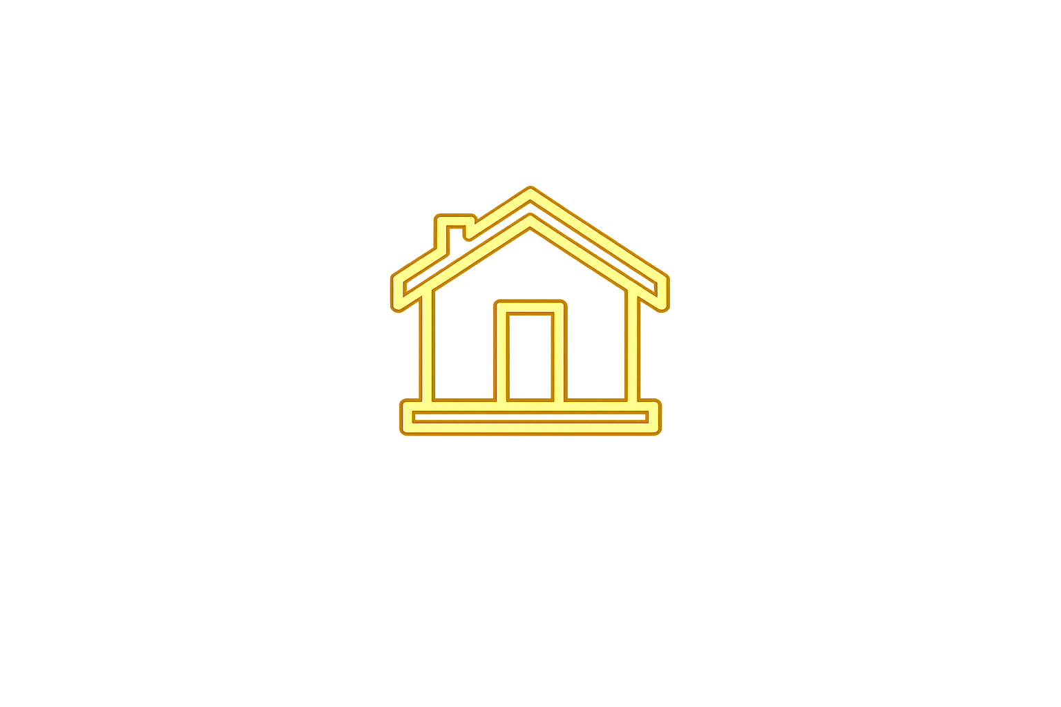 Gold house-shaped icon with a white outline and a chimney, set against a dark and reflective background.