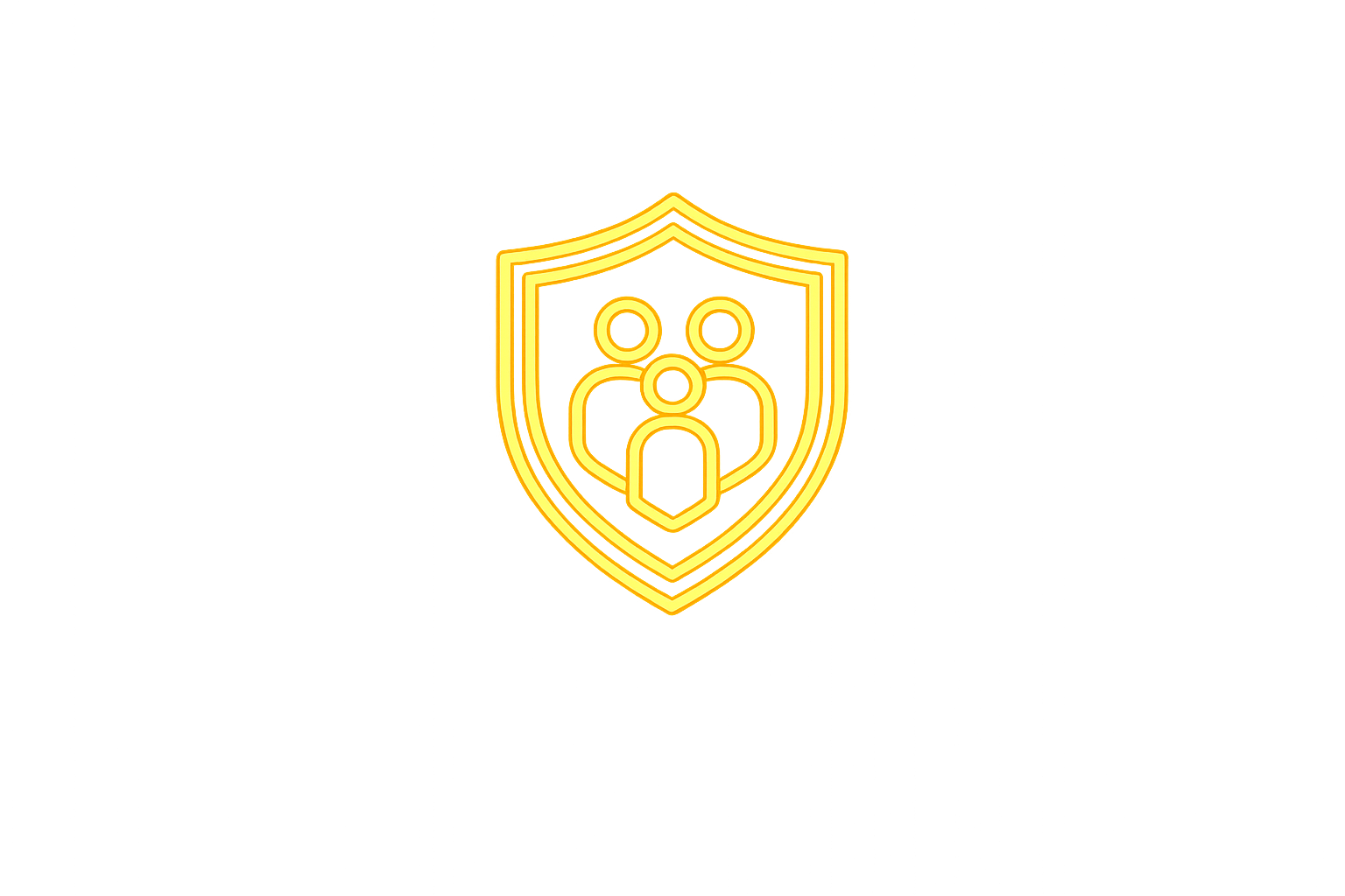 A yellow neon icon of a family shield with two adults and one child inside.