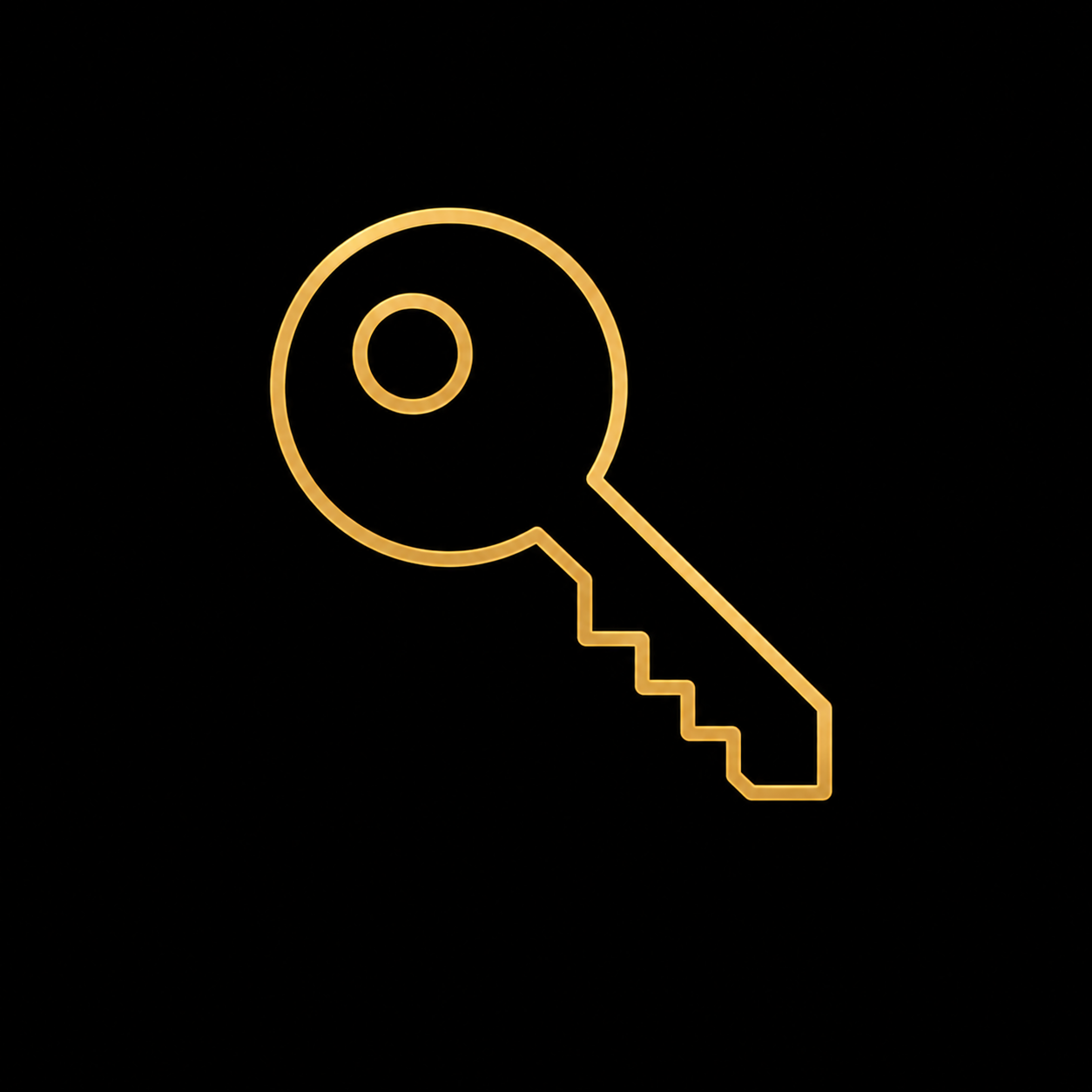 Neon yellow outline of a key with a circular head and a zigzag blade on a black background.