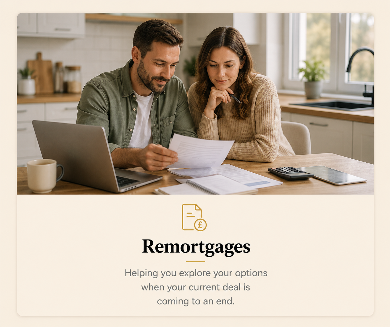 Photo of a man and woman sitting at a kitchen table, reviewing documents together, with a laptop, calculator, and notepad. The image is part of a webpage about remortgages.