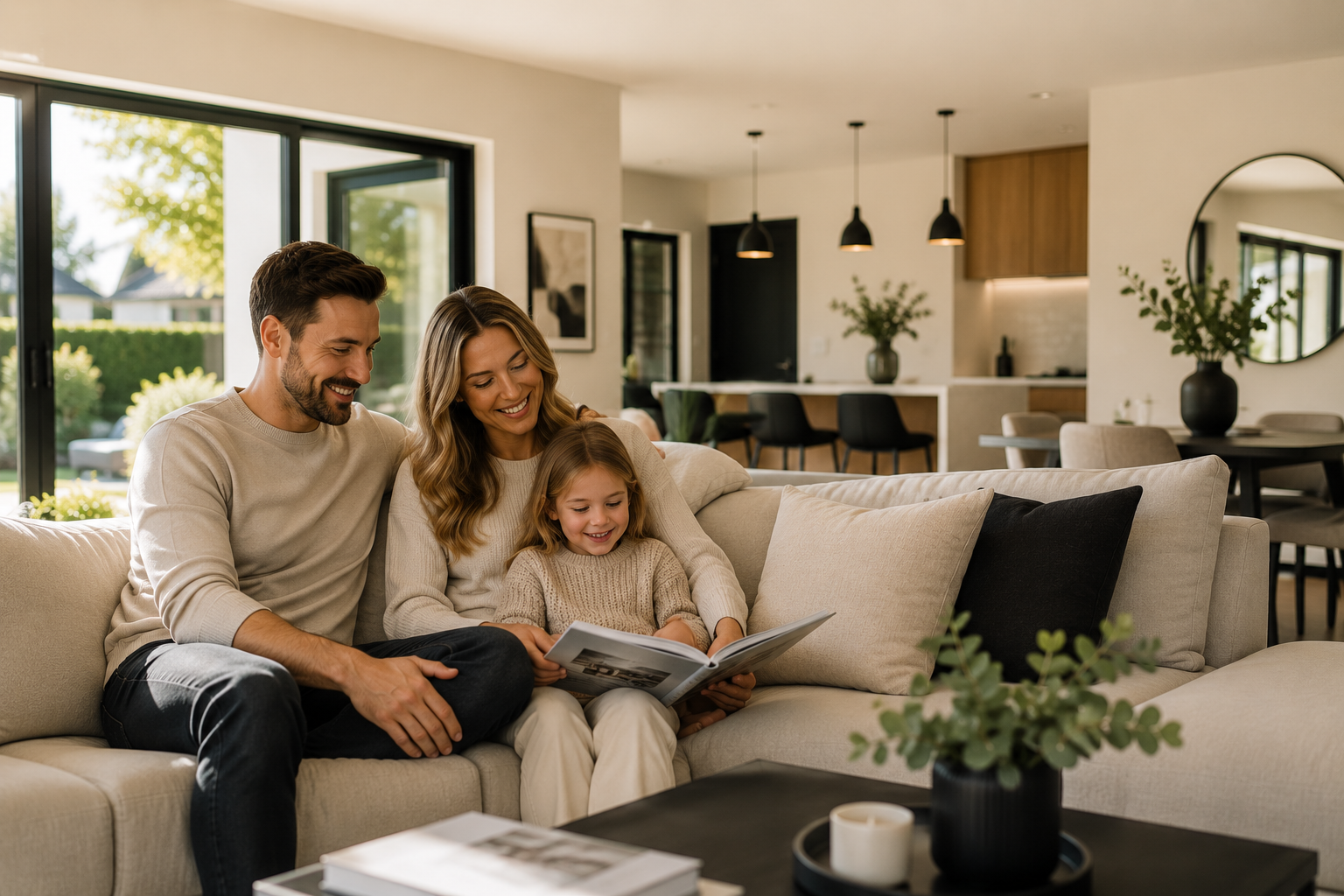 A family of three, a father, mother, and young daughter, sitting on a beige sofa in a bright, modern living room, reading a photo album together and smiling.