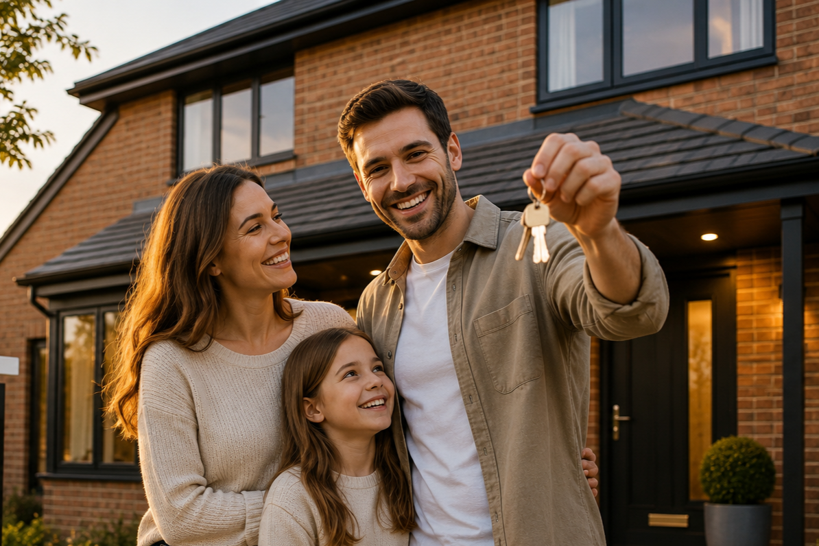 Family of three standing outside their brick house, smiling as the man holds up a set of keys.