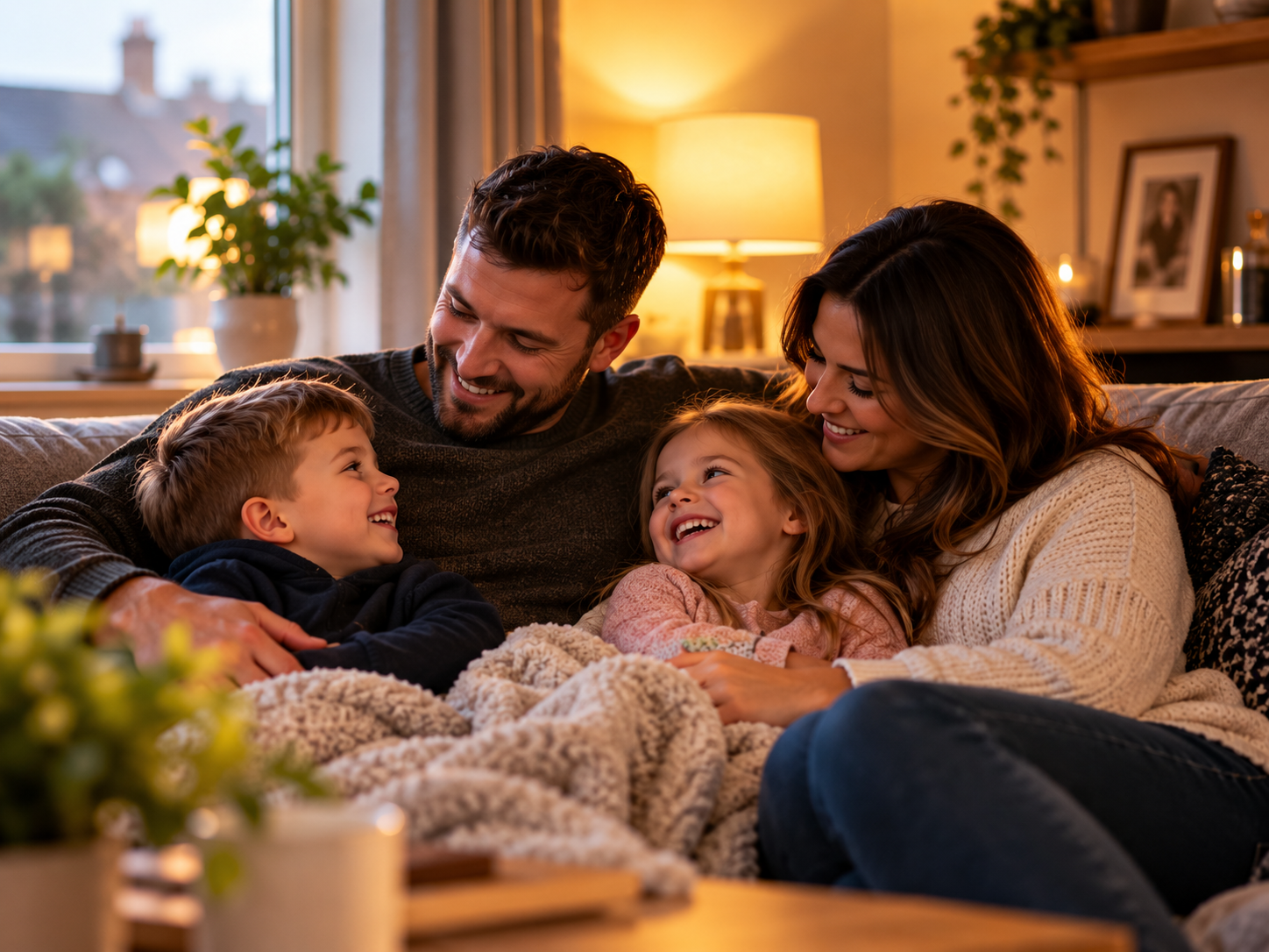 Family of four relaxing together on a sofa in their living room.