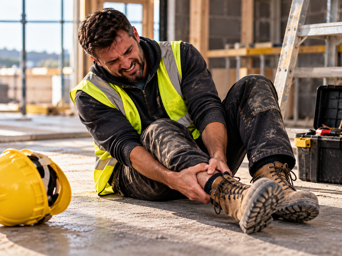 Construction worker wearing a high-visibility vest sitting on the floor and holding his injured ankle.