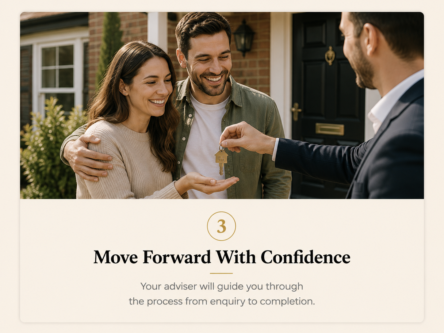 A smiling couple standing outside a house as a real estate agent hands them a key on a house-shaped keychain, symbolizing a home purchase or new home ownership, with a step titled 'Move Forward With Confidence'.