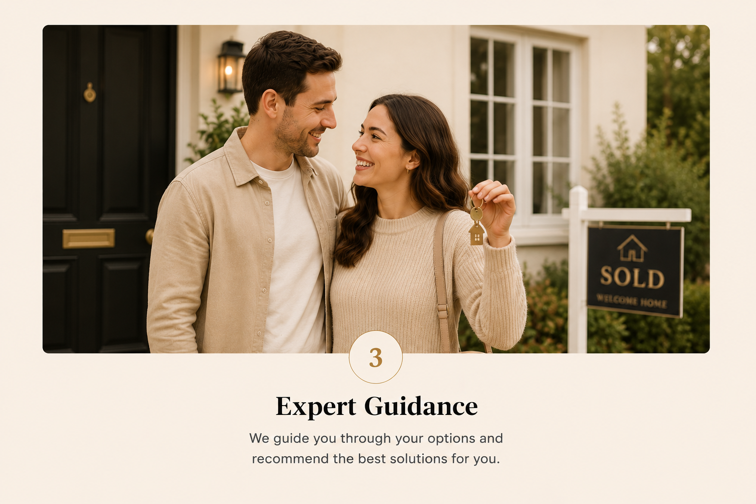 A happy couple standing in front of a house, with the woman holding up a set of house keys, and a 'sold' sign visible in the background.
