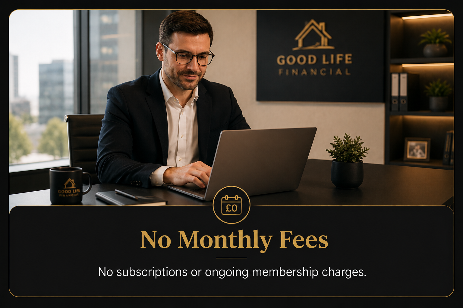 A man in a suit working on a laptop at a desk in an office, with a sign that reads "Good Life Financial" behind him. The image promotes that there are no monthly fees or ongoing membership charges.