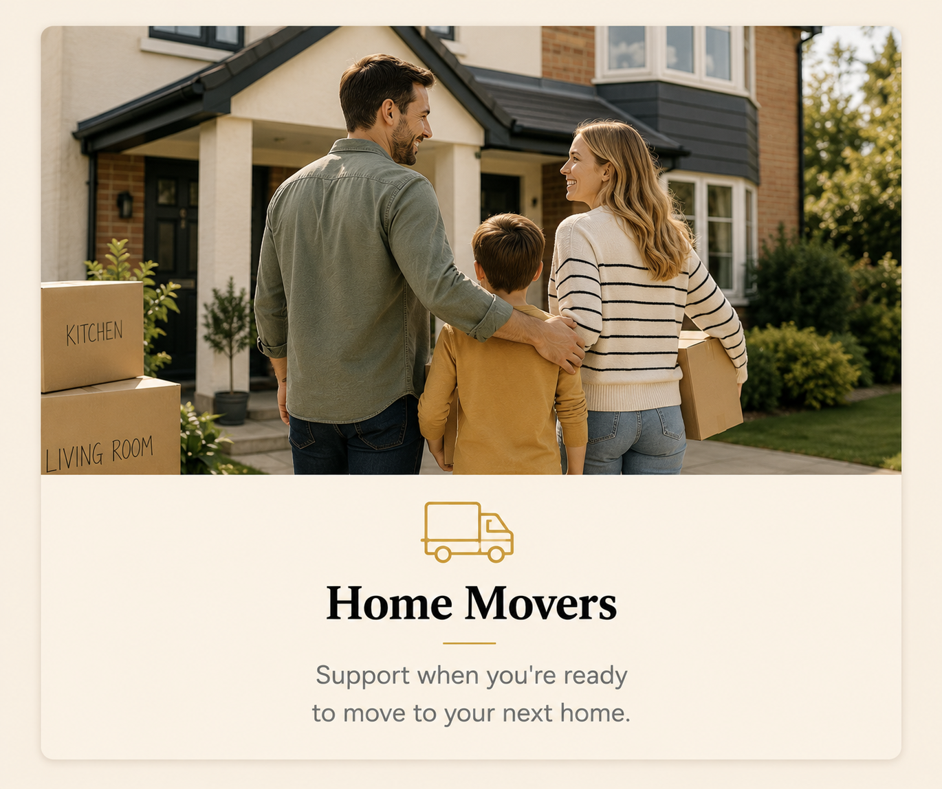 A family of three with a woman, man, and young boy standing outside a house, holding moving boxes, smiling at each other. The house has a porch, brick and siding exterior, and light-colored framing. Moving boxes labeled 'kitchen' and 'living room' are nearby. The scene promotes home moving services.