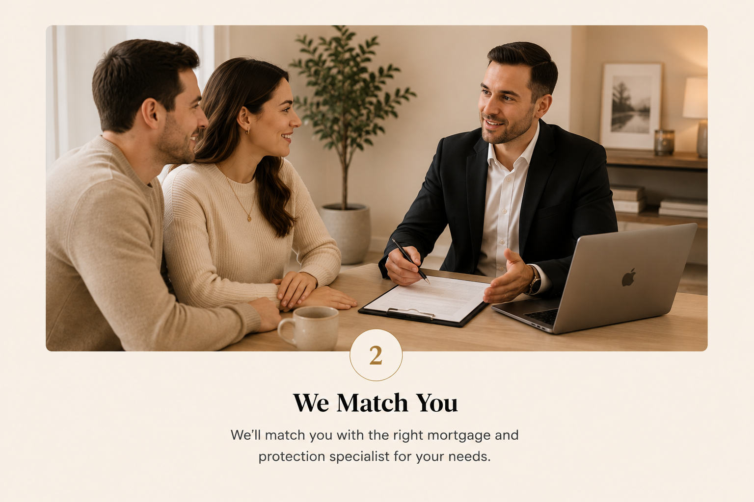 A couple consulting with a mortgage professional in an office setting, sitting at a table with a laptop, a clipboard, a pen, and a coffee mug, smiling during the meeting.