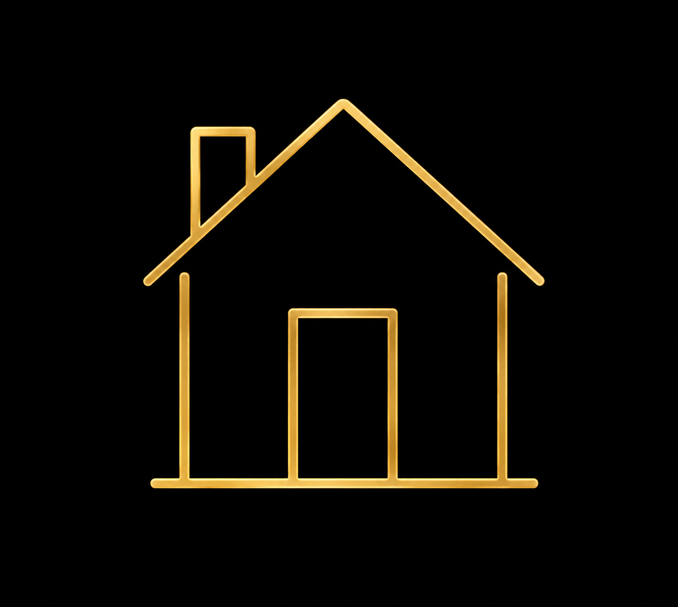 Neon light outline of a house with a roof, chimney, and a door on a black background.