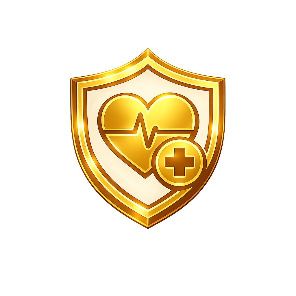 Gold shield emblem with a heart and a medical cross, representing health and medical protection.