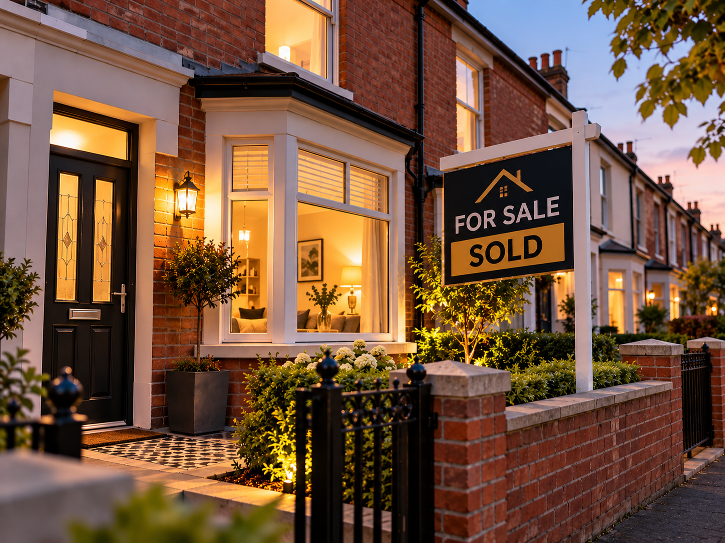Brick house with a sold sign outside and a warmly lit entrance.