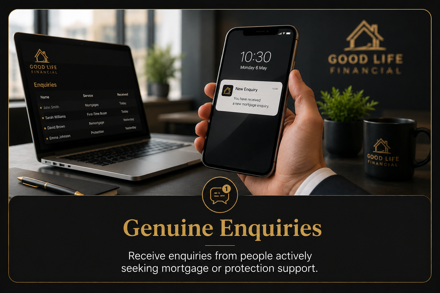 A workplace scene with a laptop displaying mortgage enquiry details, a smartphone showing a notification from Good Life Financial about a new mortgage enquiry, a black mug and plant with the Good Life Financial logo in the background, and promotional text about genuine enquiries for mortgage and protection support.
