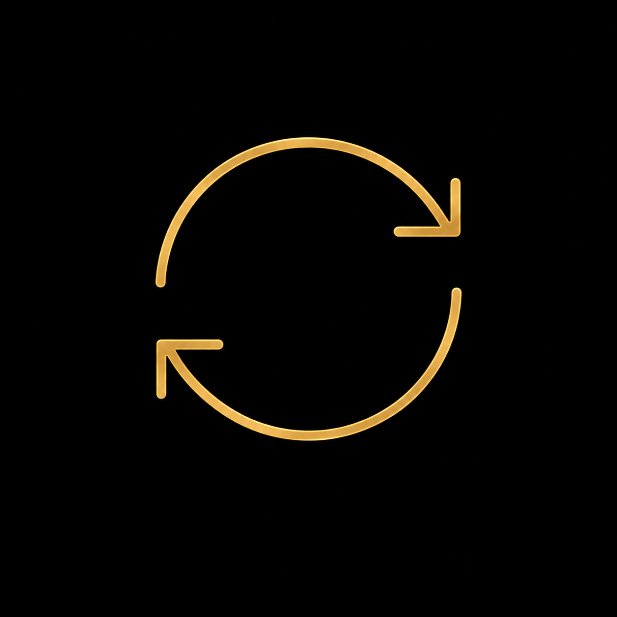 Neon gold circular arrows creating a refresh or reload symbol on a black background.